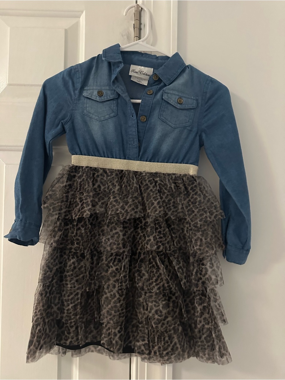 Rare Editions Blue Denim-Look Shirt Dress with Leopard Tulle and Gold Waistband
